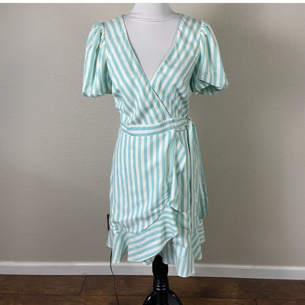 Draper James RSVP striped linen blend puff-sleeve wrap dress ruffle hem large